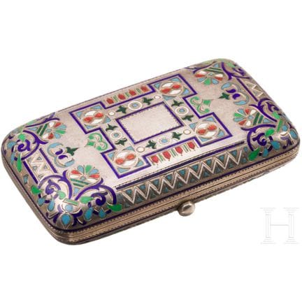 A silver and champlevé enamel cigarette case, Russ