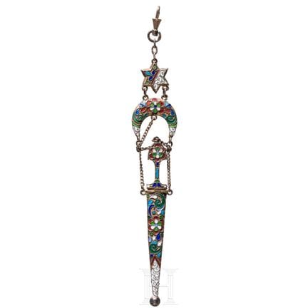 A silver and cloisonne-enamel kindjal-shaped brooc