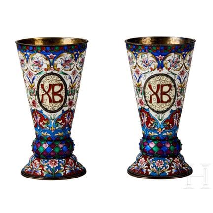 Two silver-gilt and cloisonné-enamel beakers, Russ