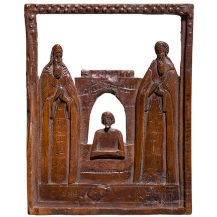 Icône en bois sculpté représentant deux saints, pr