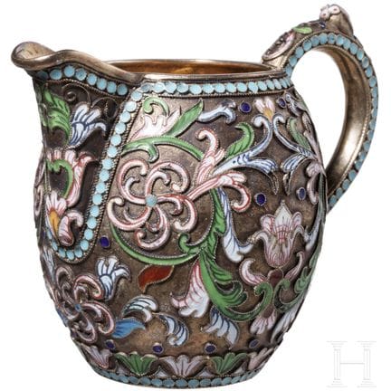 A Russian silver and cloisonné enamel creamer, Mos