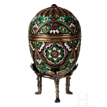 A silver and cloisonné-enamel egg, Russia, 2nd hal