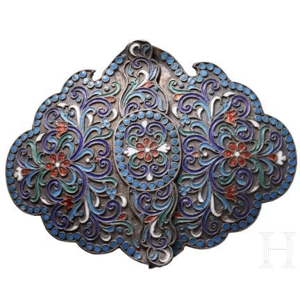 A Russian silver and cloisonné-enamel buckle belt,