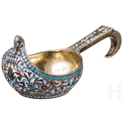 A silver-gilt and cloisonné enamel kovsh, Russia,M