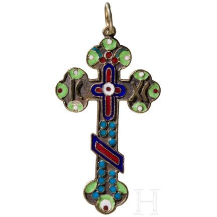 A silver-gilt and enamel cross-pendant, Russia, 18