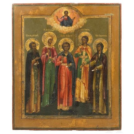 A Russian icon showing Saint Tryphon with four Sai