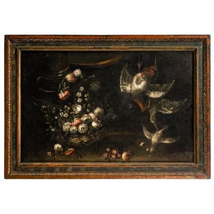 « Nature morte avec un panier de fleurs et des ois