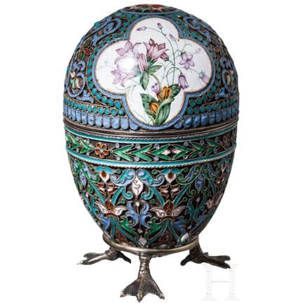 A silver-gilt and cloisonné enamel egg with flower