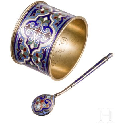 A Champleve enamel napkin ring and spoon, Russia, 