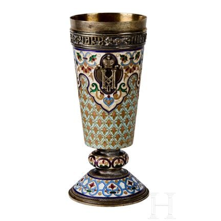 A Russian silver and cloisonné beaker with monogra
