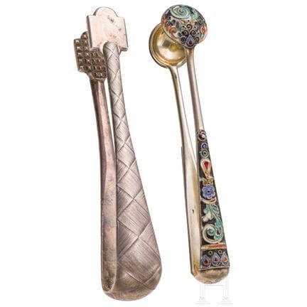 A trompe l'oeil sugar tong and a cloisonné-enamel 