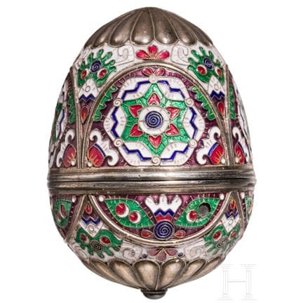 A silver and cloisonné enamel egg, Russia, 2nd hal