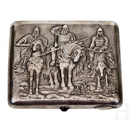 A silver cigarette case showing three Bogatyrs, So