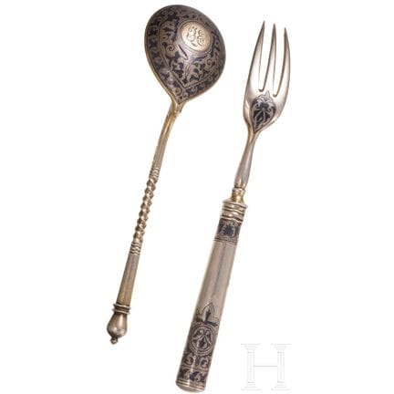 A silver-gilt and niello fork and spoon, Russia, M