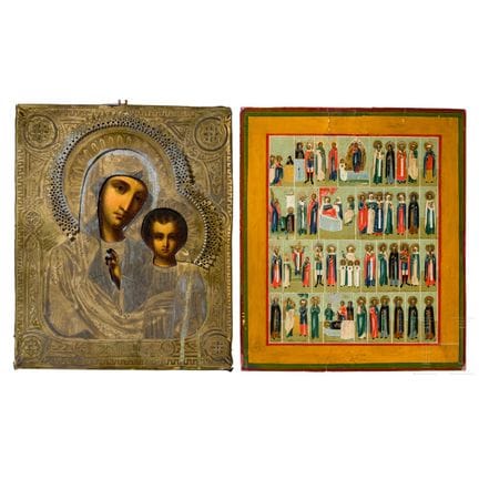Deux icônes : la Mère de Dieu de Kazan avec oklad 