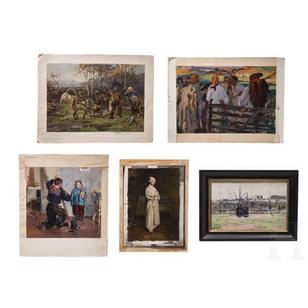 Cinq peintures à l'huile de petit format, finement