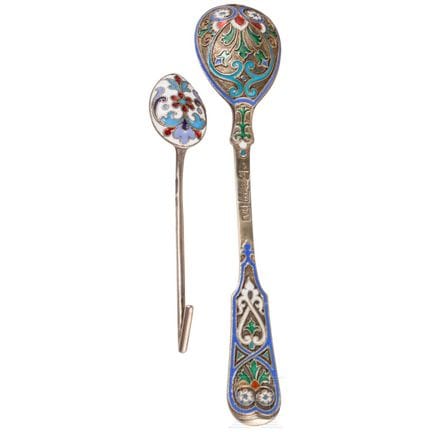 Two silver and cloisonné enamel spoons, Russia, Mo