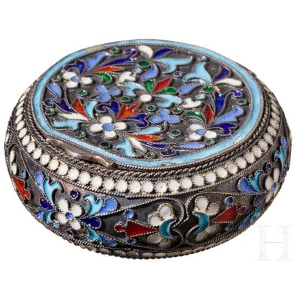 A Russian silver-gilt and cloisonné-enamelled pill