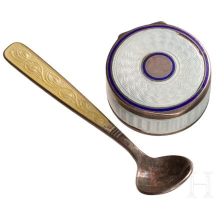 A silver and guilloché enamel pill box and a tiny 