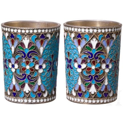 Two silver-gilt and cloisonné enamel vodka beaker,
