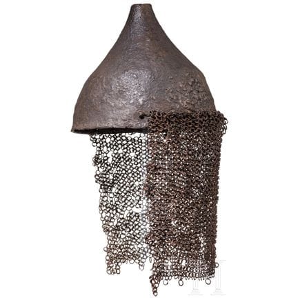 Iron helmet with a conical top and a mail neck gua