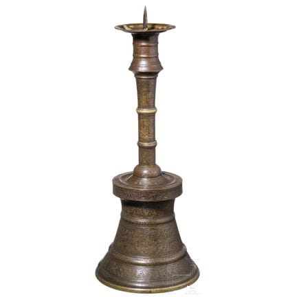 A Syrian engraved brass mosque candlestick, 19th c