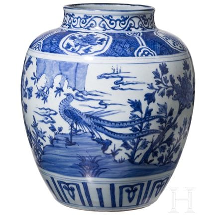 A large blue-and-white jar with a peony motif, Chi