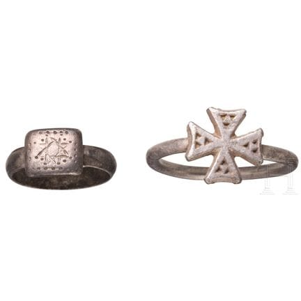 Two early Byzantine silver rings, one featuring a 
