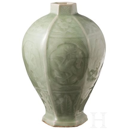 A Chinese hexagonal faceted celadon Meiping vase, 