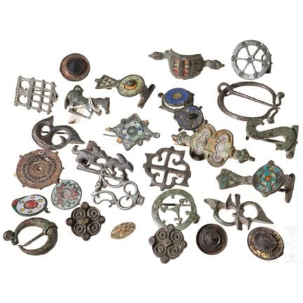 28 Roman bronze brooches, 1st–3rd centuries A.D.  