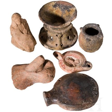 Six ceramic pieces, Etruscan and Roman, 11th centu