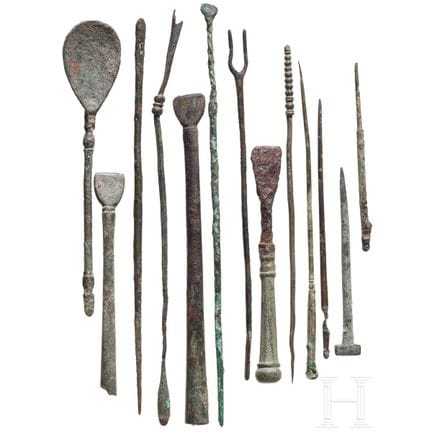 Thirteen bronze cosmetic and medical instruments, 
