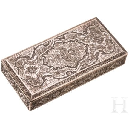 A Persian engraved silver box, 20th century  
Rect