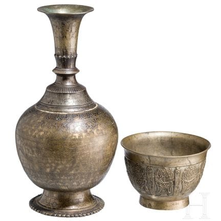 A Tibetan bronze bowl and Surahi water jug, 19th c