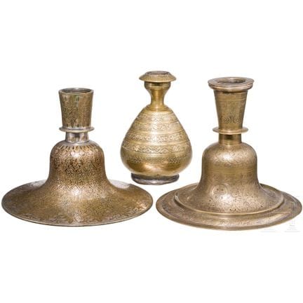 A group of three Indian brass hookah bases, 19th c