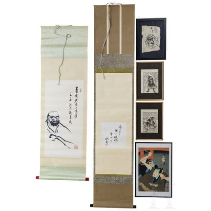 Two Japanese picture scrolls and four framed woodc