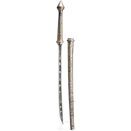 Grande dha birmana con lama damascata in argento, 