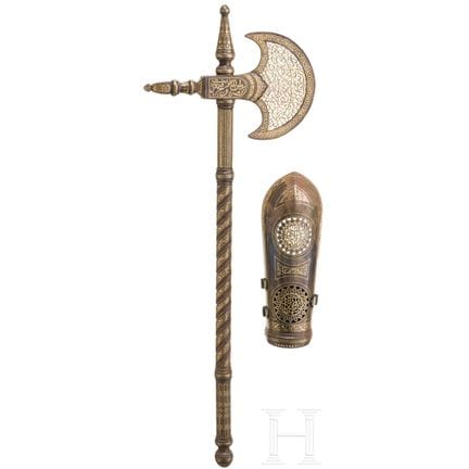 Gold-inlaid Persian battle axe (Tabarzin) and an a