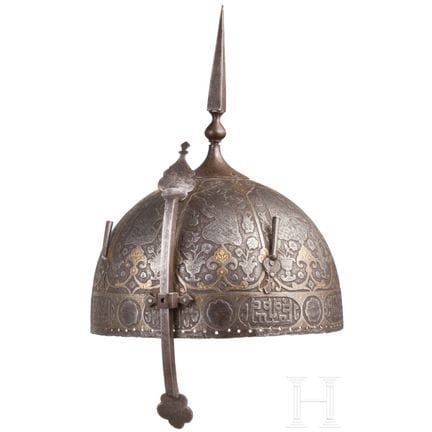 An etched and gold inlaid Persian kulah khud, 19th