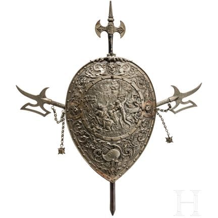 Bouclier-trophée décoratif, en fonte, seconde moit