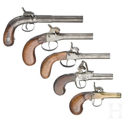 Five English/Belgian pocket pistols, first half of