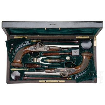A cased pair of percussion pistols, Bruel Frères o