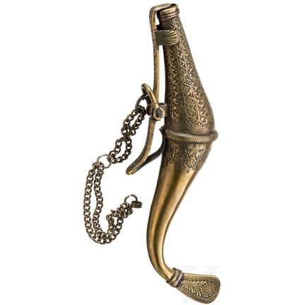 An Indian engraved brass priming flask, 19th centu