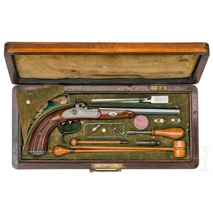 A percussion target pistol in a case, Weber & Schu