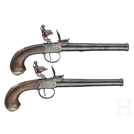 A Pair of Queen Anne flintlock pistols, Brueton in