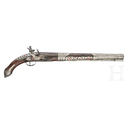 An Algerian silver mounted and coral set flintlock