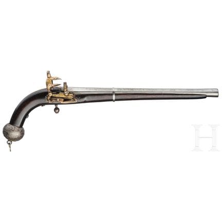 A gold damascened Caucasian miquelet pistol, ca. 1
