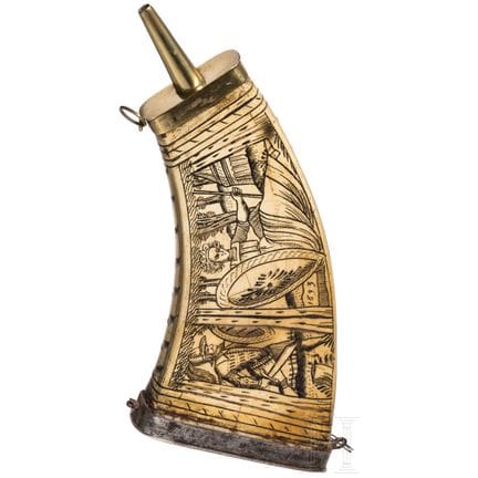 Une flasque à poudre allemande de mousquetaire, ve