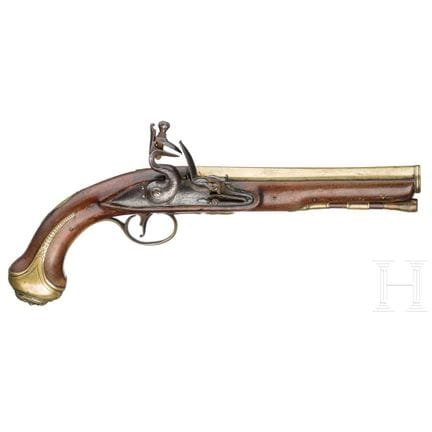 A flintlock pistol with brass barrel, W. Toulmin i