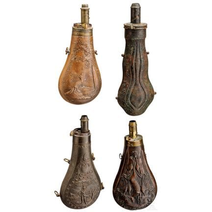 Quatre flacons à poudre allemands et anglais, 19e 
